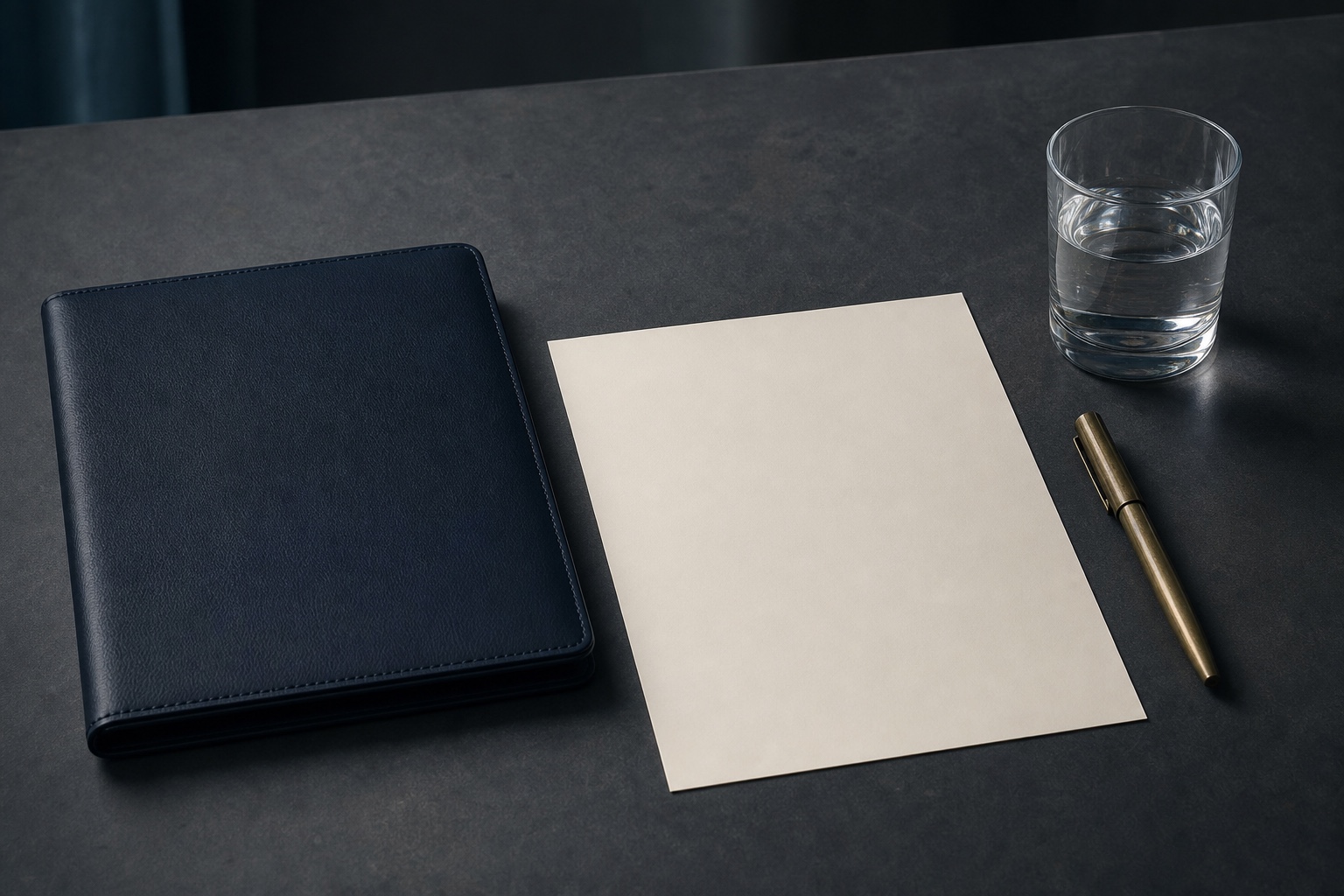 A dark consultation folio, writing paper, pen, and water glass