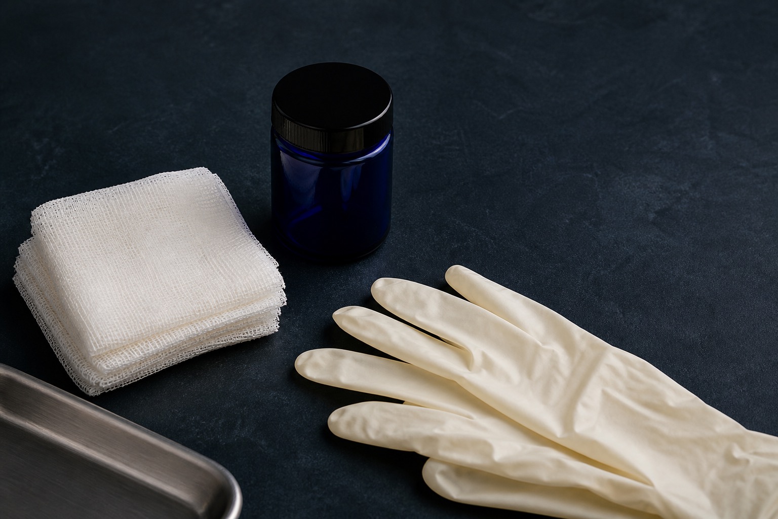 A restrained still life of clinical preparation materials